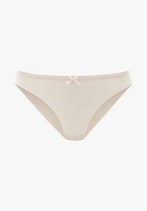 Beige panties made of smooth fabric, featuring a delicate lace trim and a small bow accent at the center front. Classic brief shape.