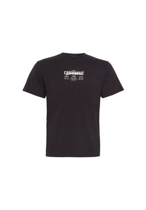 T-shirt en coton noir à manches courtes, avec une impression graphique blanche portant le mot "résilient" et d'autres éléments de design centrés sur la poitrine.