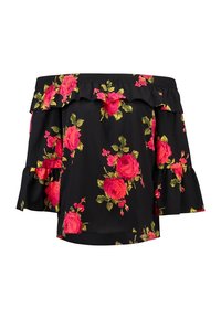 Black off-shoulder blouse with ruffled neckline and sleeves, featuring bright pink rose and green leaf floral pattern.
