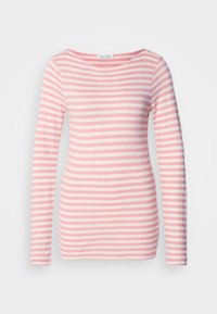 Camisa de manga longa em riscas horizontais rosa e brancas. Tecido de algodão macio com um decote largo e design ajustado. Sem hardware notável.