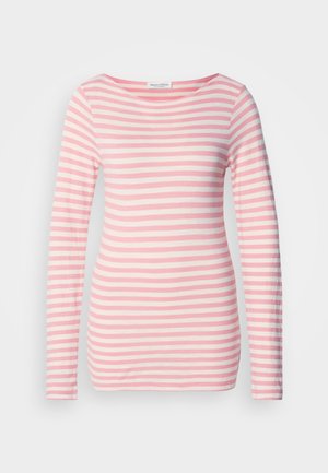 Rózsaszín és fehér vízszintes csíkos, hosszú ujjú ing. Puha pamut anyag, széles nyakkivágással és karcsú szabással. Semmilyen figyelemfelkeltő fém alkatrész nincs rajta.