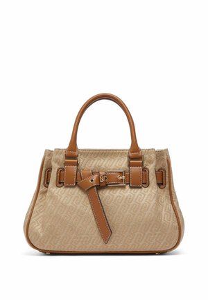 Borsa beige con motivo, manici in pelle marrone, bordi e fibbia decorativa sulla parte anteriore, forma rettangolare strutturata.