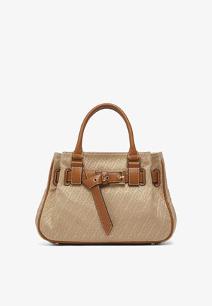 Borsa beige con motivo, manici in pelle marrone, bordi e fibbia decorativa sulla parte anteriore, forma rettangolare strutturata.