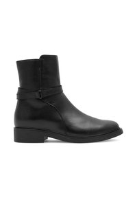 Musta nahast pahkluusaapad ümmarguse toe, madala plokknina ja reguleeritava rihmadetailiga ülevalt, mis lisab disaini.