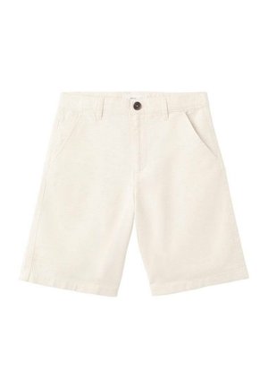 Shorts en coton beige à texture lisse, avec deux poches frontales et une fermeture à bouton unique à la taille. Coupe droite classique.