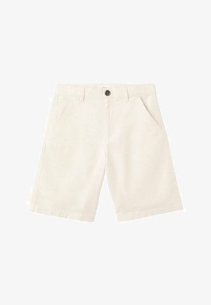 Shorts en coton beige à texture lisse, avec deux poches frontales et une fermeture à bouton unique à la taille. Coupe droite classique.