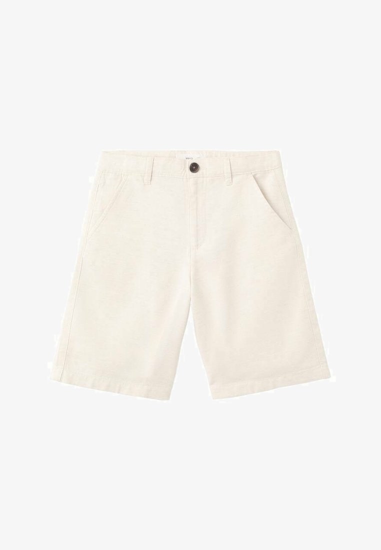 Béžové bavlnené šortky s hladkou textúrou, dvoma prednými vreckami a jedným gombíkom na zapínanie v páse. Klasický rovný strih.
