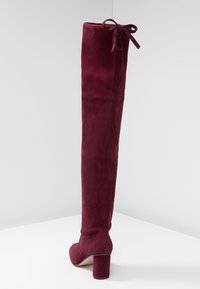 Bota de ante burdeos por encima de la rodilla con puntera redonda, tacón grueso y un lazo decorativo en la parte superior. Textura suave con detalles de costura mínimos.