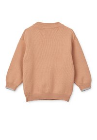 Sweater v svetlo breskvi barvi z teksturirano pletenino, okroglim izrezom in rebrastimi manšetami s sivim poudarkom na robu. Prikazan zadnji pogled.