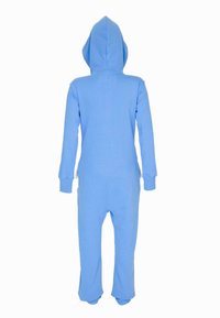 Blauwe capuchon onesie van zachte stof, met lange mouwen, ribgebreide manchetten en een full-length body zonder sluitingen.