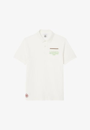 Witte polo shirt van katoen met een kraag. Bevat groene en bruine geborduurde tekst en een klein logo op de zoom.