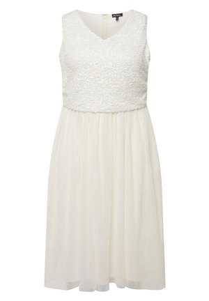 Abito bianco con scollatura a v e corpetto decorato con paillettes; gonna fluida e trasparente che arriva fino al ginocchio. Chiusura con zip sul retro.