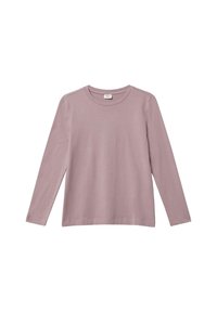 Lange mouwen T-shirt in licht mauve, gemaakt van zacht stof; heeft een ronde hals en een ontspannen pasvorm zonder patronen of accenten.