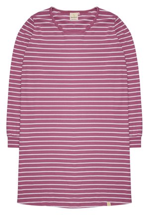 Langärmliges Kleid in Mauve mit weißen horizontalen Streifen, ausgestattet mit einem runden Ausschnitt und gerafften Ärmeln, aus einem weichen, dehnbaren Material gefertigt.