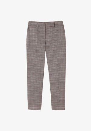 Braune Karohosen mit maßgeschneidertem Schnitt, ausgestattet mit einem Taillenbund, Fronttaschen und einer dezenten Textur. Entworfen mit einem klaren, geraden Bein.