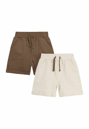 Due paia di pantaloni corti: uno marrone e uno di un beige chiaro. Entrambi hanno una vita elastica, cordoncino e tasche laterali. Materiale morbido in cotone.