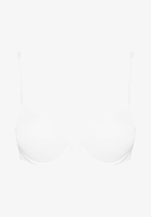 soutien-gorge blanc rembourré avec de fines bretelles réglables, texture de tissu lisse et forme triangulaire classique. Aucun fermoir ou embellissement visible.