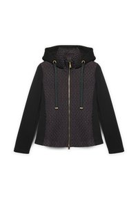 Zwarte hoodie met een geborduurd textuur aan de voorkant, gouden rits en lange mouwen op een witte achtergrond.