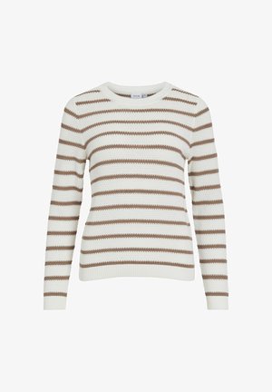 Valge kudumiga kampsun, millel on horisontaalsed helepruunid triibud, pikad varrukad ja ümar kaelus.