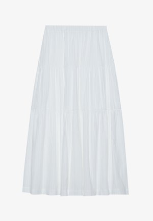 Hvid midi-nederdel i lag med elastisk talje, der har en struktureret stof og subtile lodrette striber i hele stoffet.