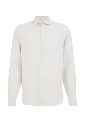 Lichtbeige, langemouw linnen shirt met een klassieke kraag, sluiting met knopen aan de voorkant en een gestructureerde stofafwerking.