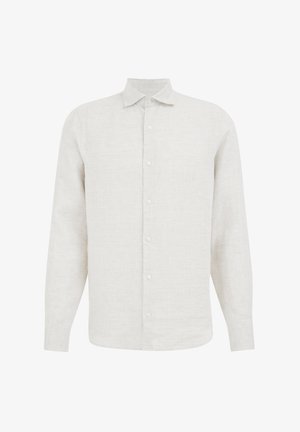 Hele beež, pikkade käistega linane särk, millel on klassikaline krae, ees nuppudega kinnitamine ja tekstuuriga kangast viimistlus.