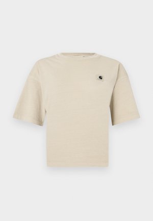 Bézs színű, rövid ujjú póló puha anyagból, környakú kivitelben, bal mellrészen kis logóval.
