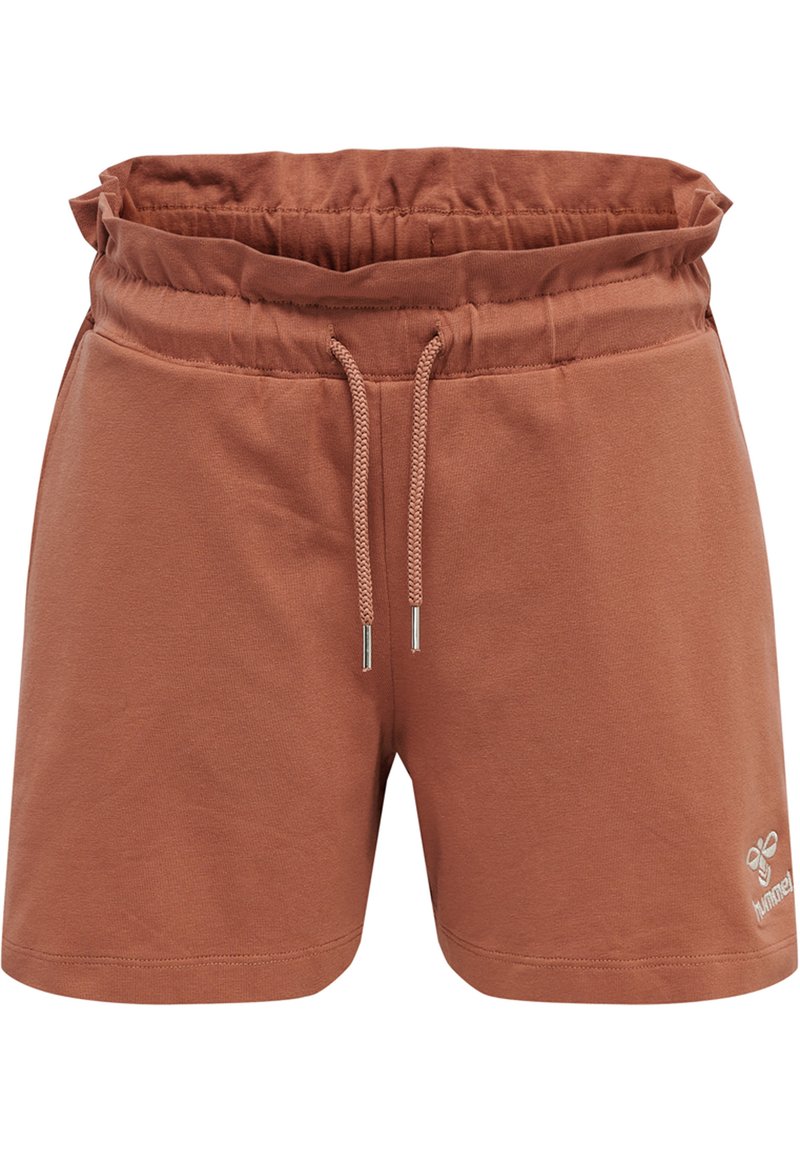 Kurze braune Baumwollshorts mit einem elastischen Bund, verstellbarem Kordelzug und dezentem Logodetail am unteren linken Saum.