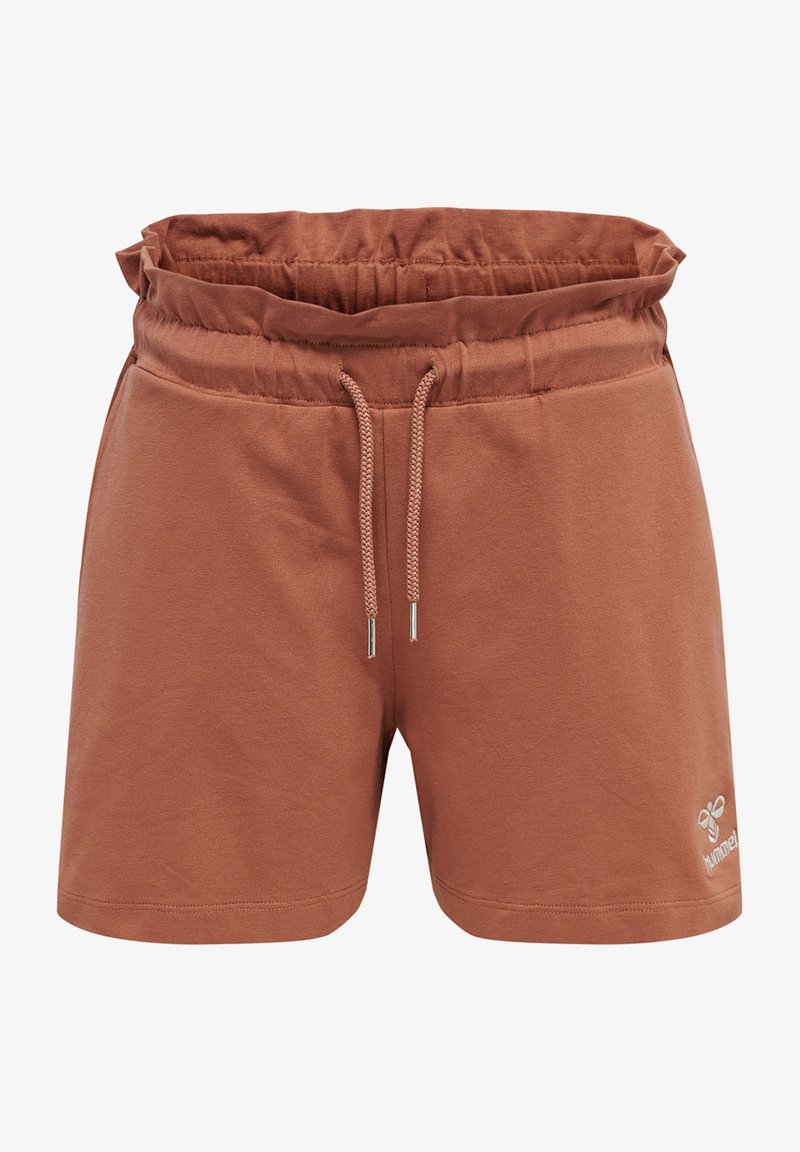 Korta bruna bomullsshorts med elastisk midja, justerbar dragsnodd och subtil logotypdetalj vid nedre vänstra fållen.