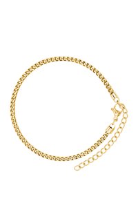 Bracciale in oro con maglie intrecciate, finitura liscia e chiusura a moschettone con un'estensione regolabile per adattarsi alla misura.