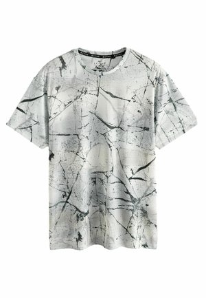 Kurzarm-T-Shirt in Hellgrau mit einem strukturierten, abstrakten schwarz-weißen Muster. Runder Halsausschnitt, lockere Passform, aus atmungsaktivem Material.