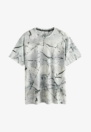 Šviesiai pilkas trumpomis rankovėmis T parduotuvė su tekstūruotu abstrakčiu juodai baltu raštu. Apvalaus kaklo dizainas, laisvas prigludimas, pagaminta iš orui pralaidaus audinio.