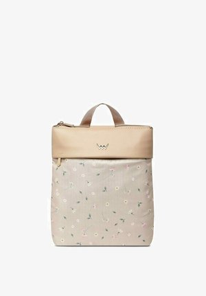 Beige floral-patterned backpack with a smooth top compartment and a small handle. Features faint pink and green floral accents.