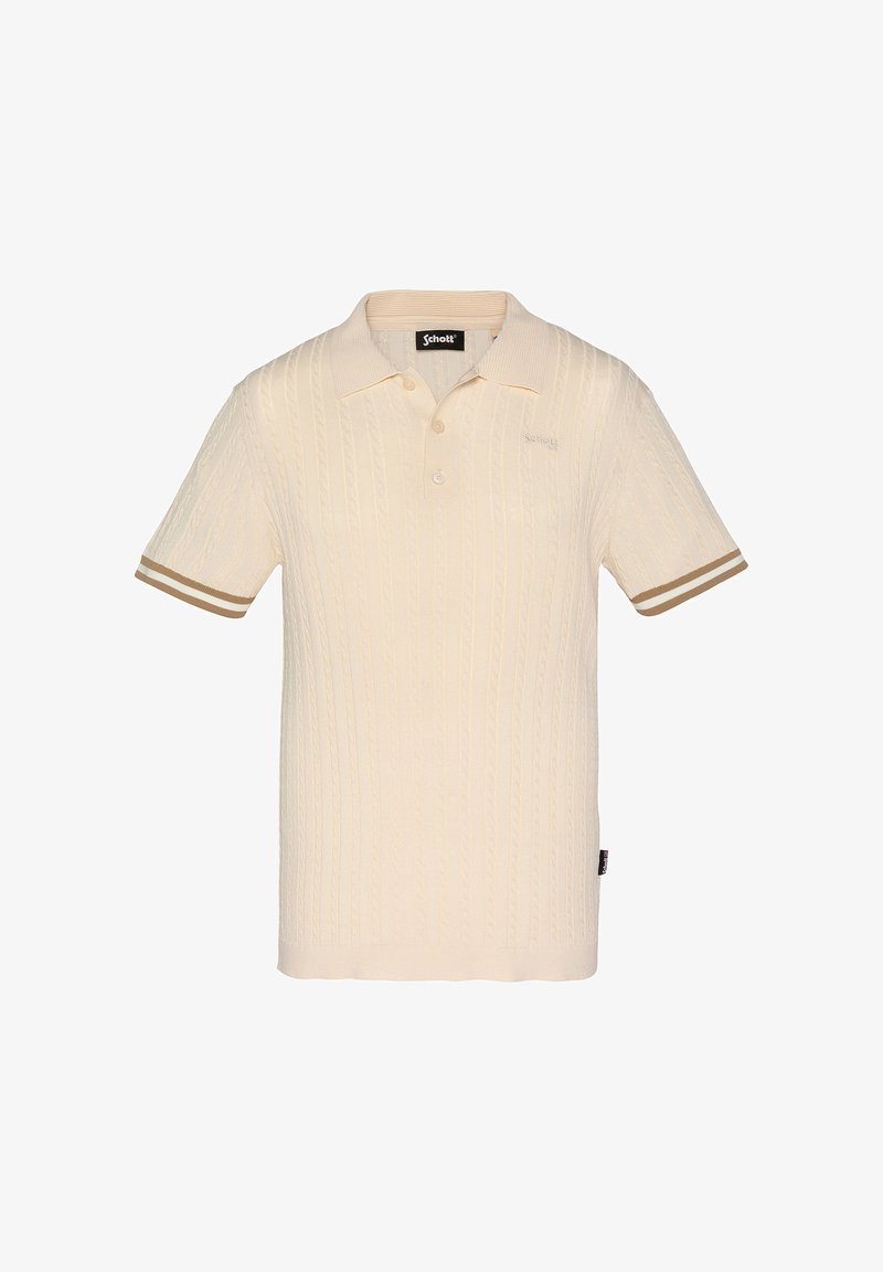Polo crème à manches courtes avec motif en maille torsadée, trois boutons, col, et poignets de manches rayés marron étiquetés Schott.