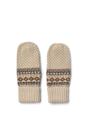 Par de manoplas beige de punto con puños acanalados y una banda estampada en colores marrón, gris y crema en el centro.