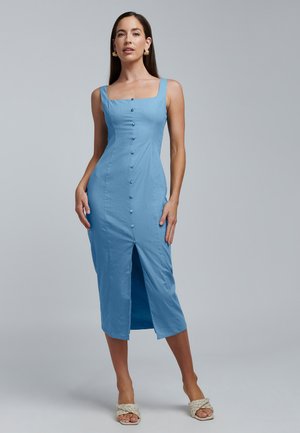 Light blue, sleeveless midi dress with a square neckline, front buttons, and a slit. Fabric appears smooth with a subtle texture.