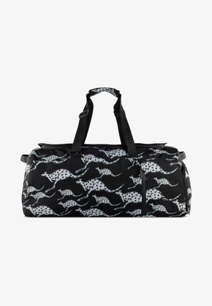 Black duffel bag with a pattern of running kangaroos and polka dots, featuring sturdy black straps and a zippered front pocket.