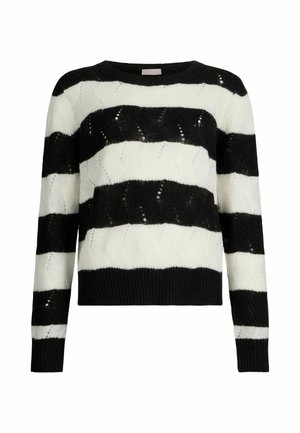 Maglione lavorato a maglia con un motivo a strisce nere e bianche, caratterizzato da un colletto a girocollo e orlo a coste. Il materiale ha una finitura testurizzata e pattern.