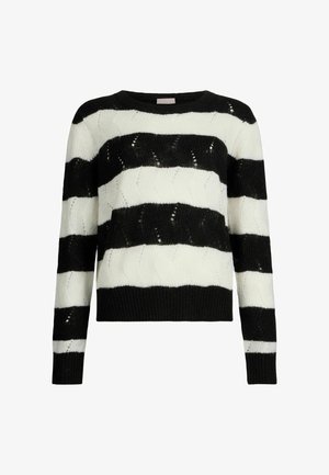 Adīta džemperis ar melnbaltu svītru rakstu, ar apaļu kakla izgriezumu un ribotām malām. Materiāls ir ar teksturētu, rakstainu apdari.