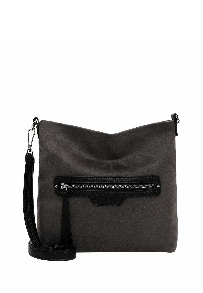 Gray fabric shoulder bag with a zippered black leather front pocket, adjustable textured strap, and a slouchy design.