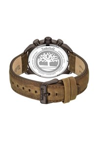 Orologio con cinturino in pelle marrone e retro in acciaio inossidabile. Presenta un logo Timberland argentato e un design resistente all'acqua. Dettagli del cronografo.