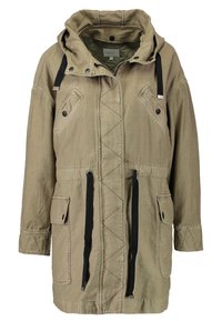 Khaki jacket with a hood, drawstring waist, two front pockets, and diagonal stitching details. Made of durable fabric with a relaxed fit.