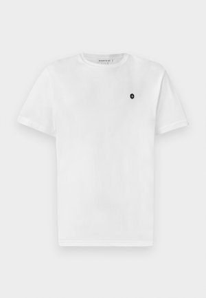 White cotton T-shirt with short sleeves, round neckline, and a small black logo on the left chest. Smooth texture, classic fit.