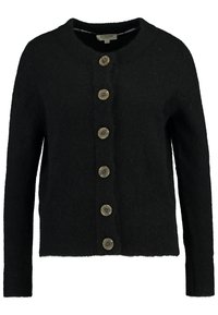 Svart cardigan med rund halsringning, med fem stora, metalliska knappar fram. Tillverkad av ett mjukt, strukturerat material.