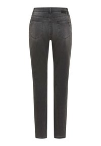 Zwarte slim-fit jeans met een middelhoge taille, vijf zakken en een subtiele vervaagde textuur op de stof.
