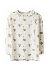 Maglietta a maniche lunghe color crema chiaro con scollo arricciato e un motivo floreale con accenti dorati e piccole illustrazioni. Tessuto morbido.