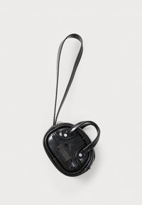 Black, shiny mini handbag with a rounded shape, featuring a logo, dual handles, and an adjustable strap for carrying.