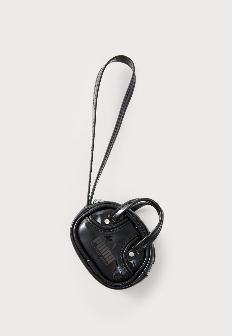 Black, shiny mini handbag with a rounded shape, featuring a logo, dual handles, and an adjustable strap for carrying.
