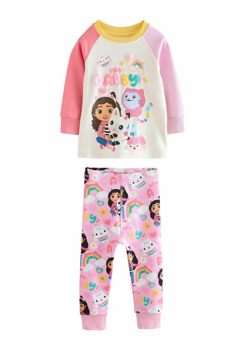 Langärmeliges Pyjama-Set mit einem weißen Oberteil mit bunten Grafiken und rosa Ärmeln sowie rosa Hosen, die mit verspielten Mustern dekoriert sind.
