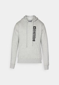 Felpa in cotone grigio chiaro con tasca frontale a marsupio, cappuccio con cordino e grafica stampata "BOXING" sul petto.